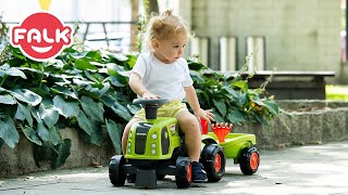 Falk Traktor Baby Claas s volantom, klaksónom, prívesom, hrabľami a lopatou