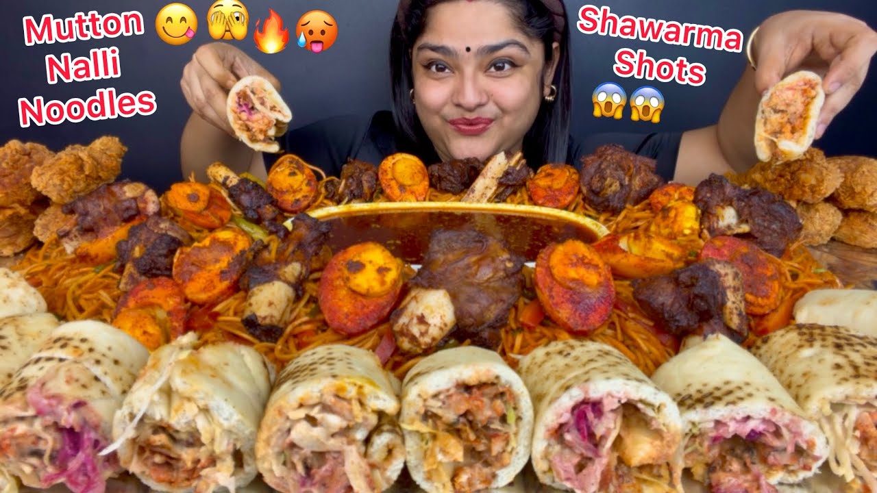 SPICY MUTTON NALLI NOODLES WITH CREAMY CHICKEN SHAWARMA SHOTS, FRIED BOILED EGGS, FRIED CHICKEN 