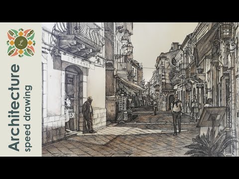 How to draw architecture with ink & wash / Taormina street view - Sicily