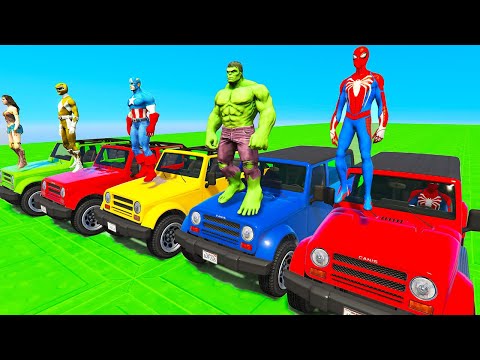 SPIDERMAN CARS TRIPLE Ramp Challenge JUMP ! SUPERHERO HULK IronMan Goku on DAM JEEP  - GTA V