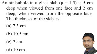 An air bubble in a glass slab (μ = 1.5) is 5 cm deep when viewed from one face and 2 cm deep,