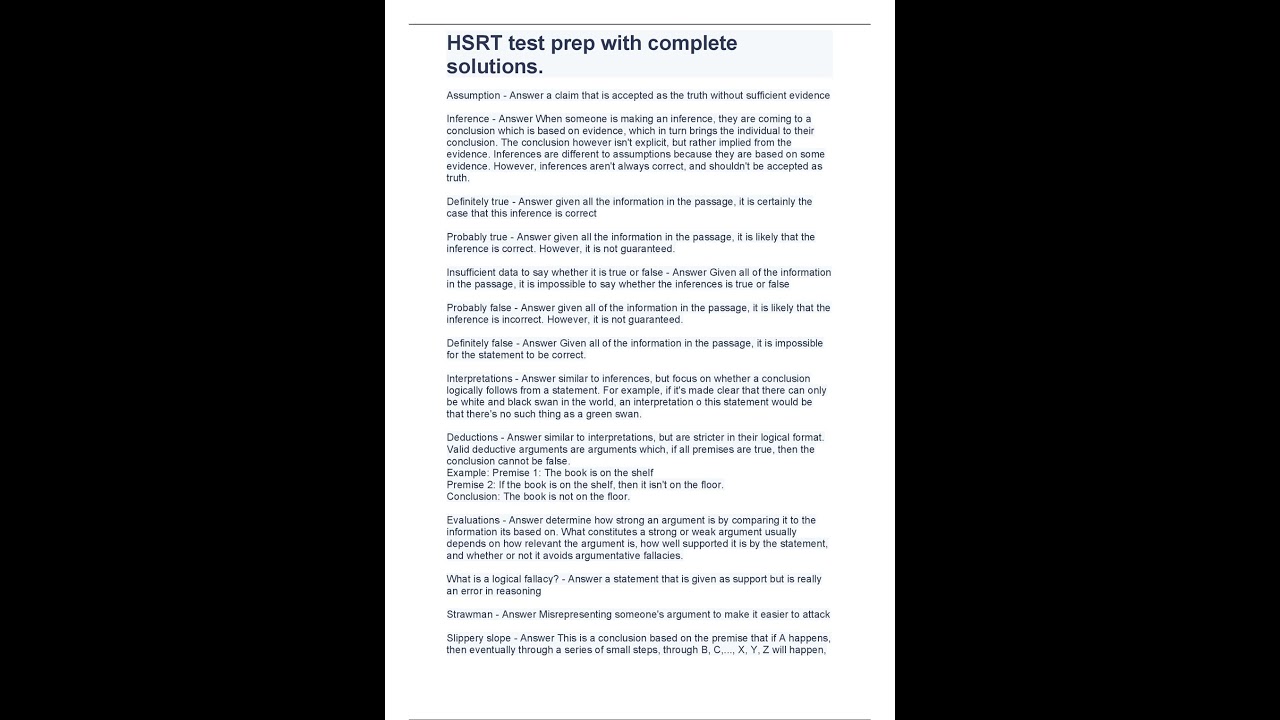 HSRT test prep with complete solutions pdf