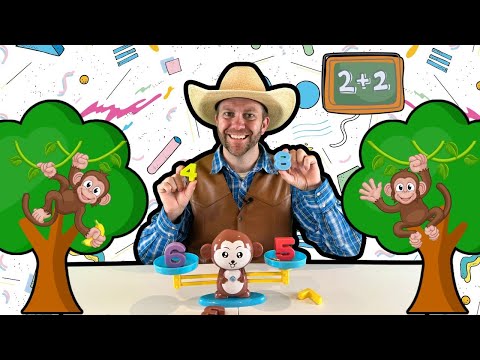 Cheerful teacher in a cowboy hat shows number blocks (4 and 8) for a kids' math lesson, with playful monkeys and a chalkboard reading 2+2 in the background.