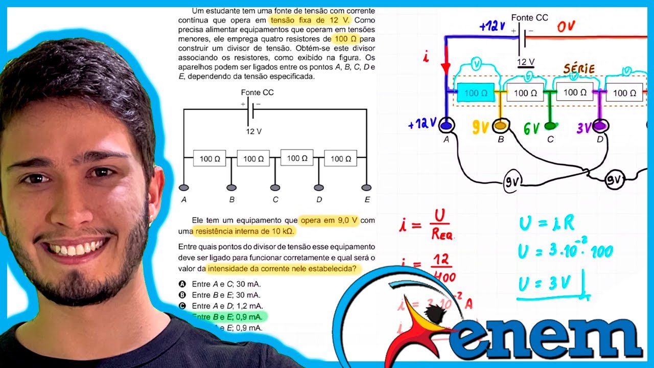 ENEM 2020 - Um estudante tem uma fonte de tensão com corrente contínua que opera em tensão fixa de 1
