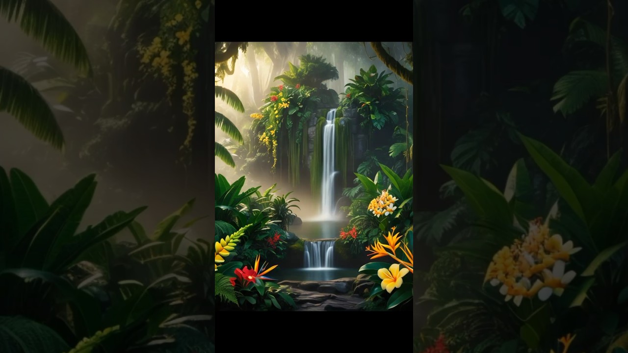 A LUSH TROPICAL RAINFOREST WITH A VARIETY OF VIBRANT PLANTS, EXOTIC FLOWERS, AND A HIDDEN WATERFALL❤