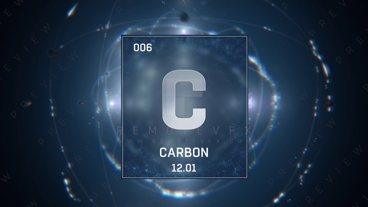 Carbon as Element 6 of the Periodic Table 3D animation on blue background in English language.