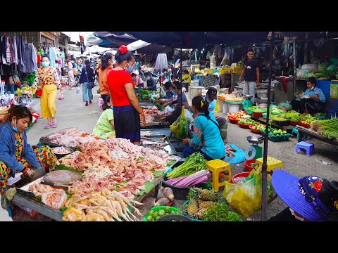Walkaround Ta Khmao Thmei Market, Cambodian Morning Market Food Scenes, Khmer Food