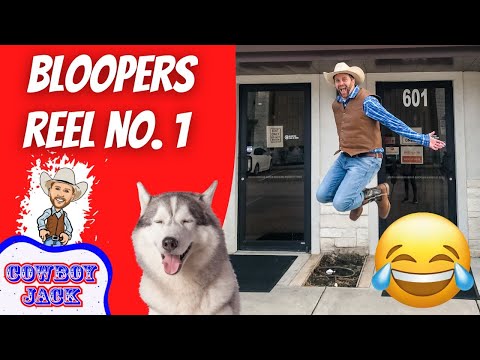 Thumbnail for a cowboy bloopers reel: man in cowboy hat jumps beside a smiling husky, with a large red panel reading 'BLOOPERS REEL NO. 1' and a laughing emoji.