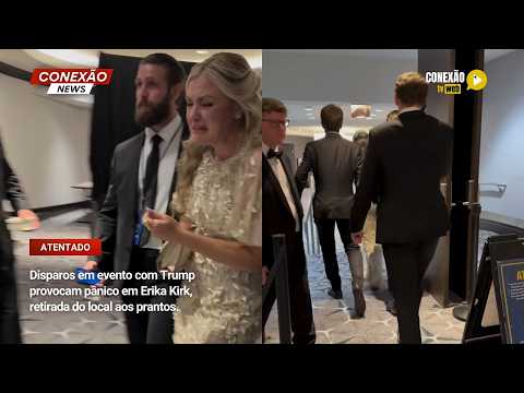 Vídeo: Disparos em evento com Trump provocam pânico em Erika Kirk, retirada do local aos prantos.
