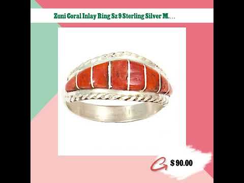 Zuni Coral Inlay Ring Sz 9 Sterling Silver M. Peynesta Native American
