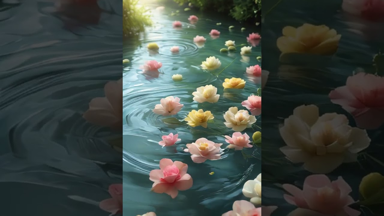 Floating Flowers in Crystal Stream | Serene AI Nature Scene in 4K