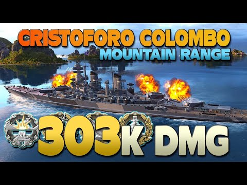 Battleship Cristoforo Colombo on map Mountain Range, 303k damage - World of Warships