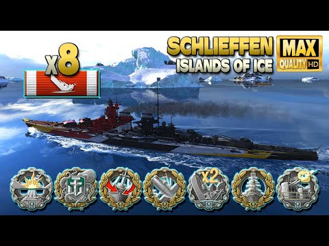 Battleship Schlieffen: Offensive play on map Islands of Ice - World of Warships