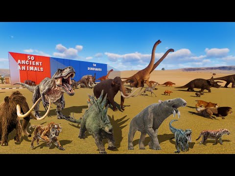 Ancient Animals VS Dinosaurs Animals Race in Planet Zoo included Mammoth, Smilodon, T-Rex, Stegosaur