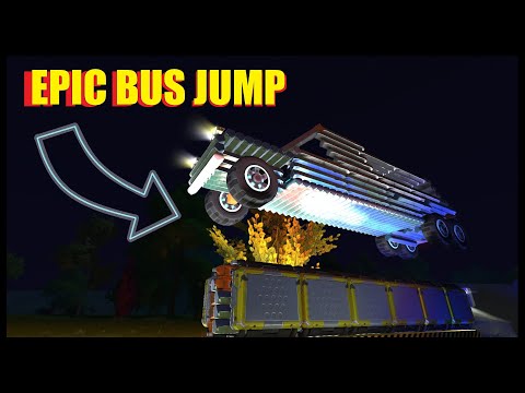 Epic bus jumps over resource collectors in Scrap Mechanic survival.