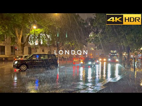 London Heavy Rain Walk - Summer 2024 ☔️ Walking the Wet Street of West End [4K HDR]