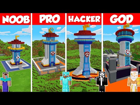 Protected Paw Patrol Tower Build Battle Challenge - Noob vs Pro vs Hacker vs God Minecraft Animation