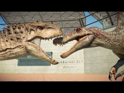 INDOMINUS REX vs T REX AND LARGE AND MEDIUM DINOSAURS BATTLE  -   Jurassic World Evolution 2