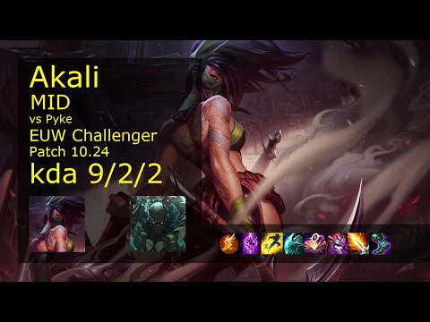 Akali vs Pyke Mid - EUW Challenger 9/2/2 Patch 10.24 Gameplay