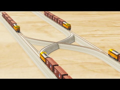 Impossible Multiple Overlapping Rail Tracks Crossover Vs Trains Crossing - BeamNG.Drive