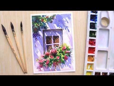 watercolor painting tutorial window with flowers on balcony