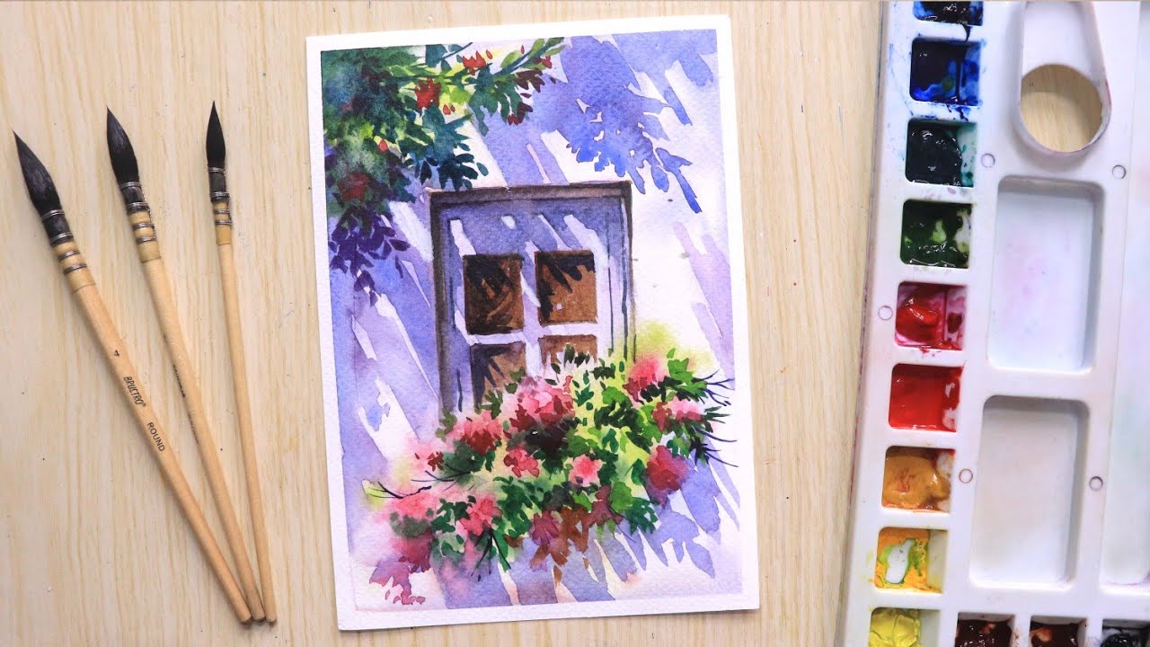Watercolor painting tutorial window with flowers on balcony