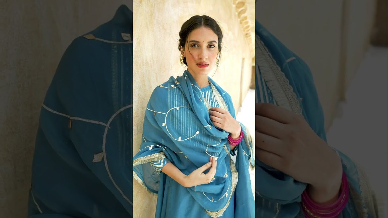 Blue mulmul gota bead-work kurta pant dupatta set