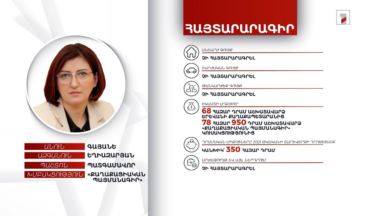 146 հազար դրամ եկամուտ, 350 հազար դրամ կանխիկ միջոցներ. պատգամավոր Գայանե Եղիազարյանի հայտարարագիրը