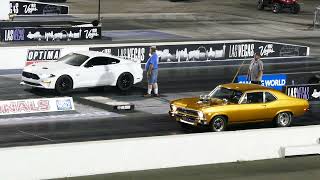 Classic Chevy Nova Vs. Modern Ford Mustang 5.0 Muscle Cars Drag Race - Las Vegas 6-2-2023 - 4K UHD