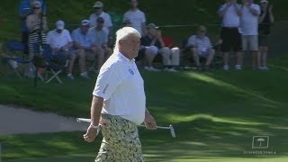 John Daly rolls in a 41-foot eagle putt on No. 15 at Travelers