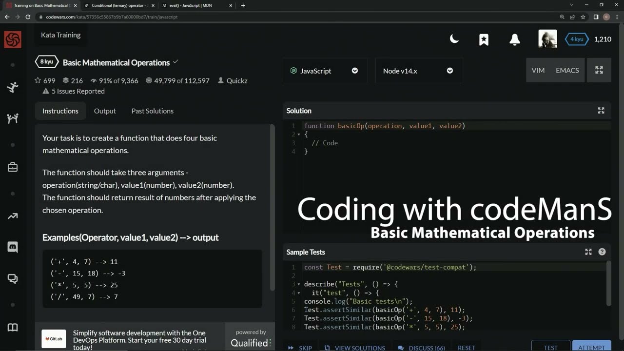 Codewars 8 kyu Basic Mathematical Operations Javascript