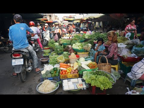 Cambodia Street Market in Evening - Plenty Rural Fish, Fresh Vegetable & More Seafood @Cbar Ampov