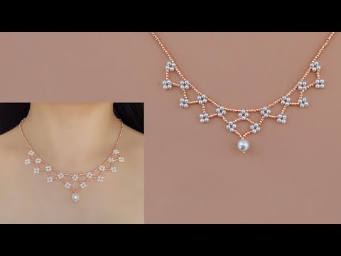 DIY Beaded Lace Necklace with Pearls and Seed Beads.
