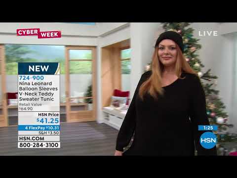 Nina Leonard Balloon Sleeves VNeck Teddy Sweater Tunic
