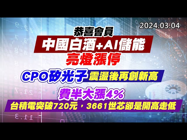 20240304《股市最錢線》#高閔漳 “恭喜會員，中國白酒+AI儲能，亮燈漲停”” CPO矽光子，震盪後再創新高” ”費半大漲4%，台積電突破720元，3661世芯卻是開高走低”