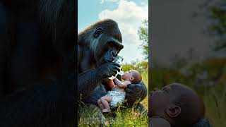 A kind Gorilla is feeding a baby a bottle of milk #gorilla #animal #baby  #monkey