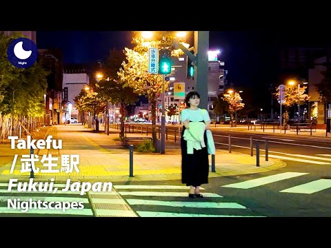 【武生駅 / 夜の散歩】（福井県越前市）駅前の新しい市庁舎と人の往来もほとんどない歩道にアーケードのある商店街（2025/10/7/火）