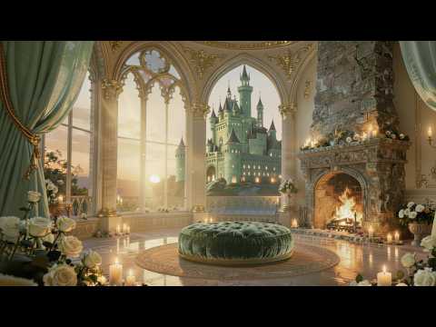 Emerald Castle Sunset Fireplace | 4 Hours Royal Fairytale Ambience
