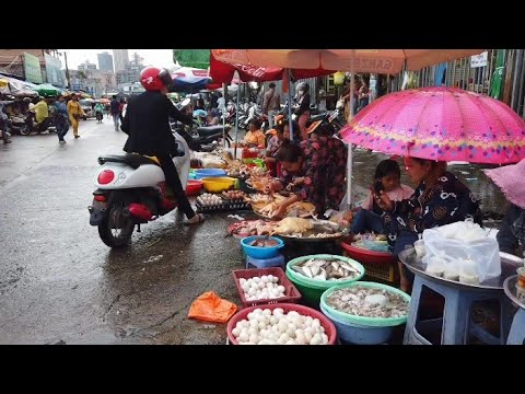 Amazing Cambodian traditional market food on Rainy season