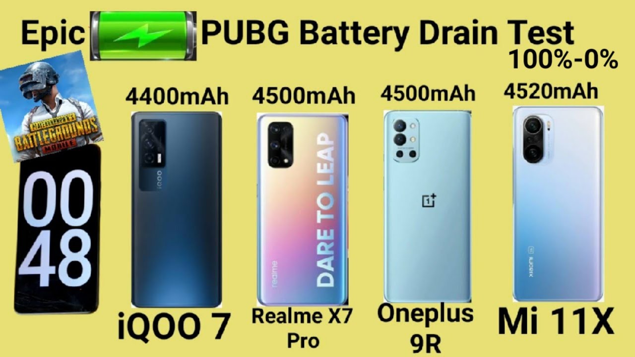 IQOO 7 vs Oneplus 9R vs Mi 11X vs Realme X7 Pro Epic pubg battery drain test 100%-0% smooth & extrem