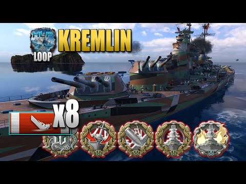 Battleship Kremlin on map Loop, 8 ships destroyed - World of Warships