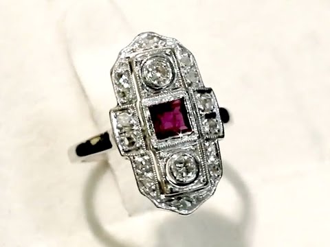 Ruby and Diamond, Platinum Dress Ring - Art Deco - Vintage French Circa 1940 - AC Silver W7155