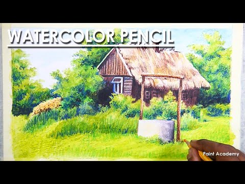 Watercolor Pencil A Beautiful House Landscape Drawing