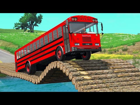 Long Cars Flatbed Trailer Tractor Log Bridge - Truck Rescue Massive Speed Bumps - Car vs Deep Water