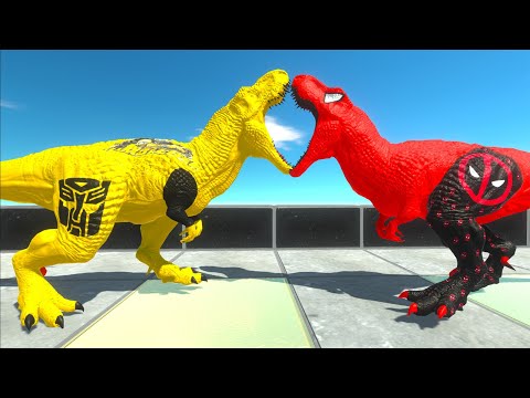 BUMBLEBEE T-REX vs ALIEN SPINOSAURUS vs DEADPOOL T-REX DEATH RUN - Animal Revolt Battle Simulator