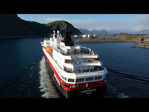 Hurtigruten ship arrives in Stamsund, Lofoten, NORWAY | 4K drone video