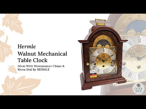 30cm Walnut Mechanical Table Clock With Westminster Chime & Moon Dial By Hermle