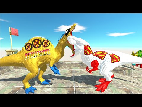 SUPERMAN WHITE T-REX VS WOLVERINE SPINOSAURUS DEATH ROAD IN THE SKY - Animal Revolt Battle Simulator
