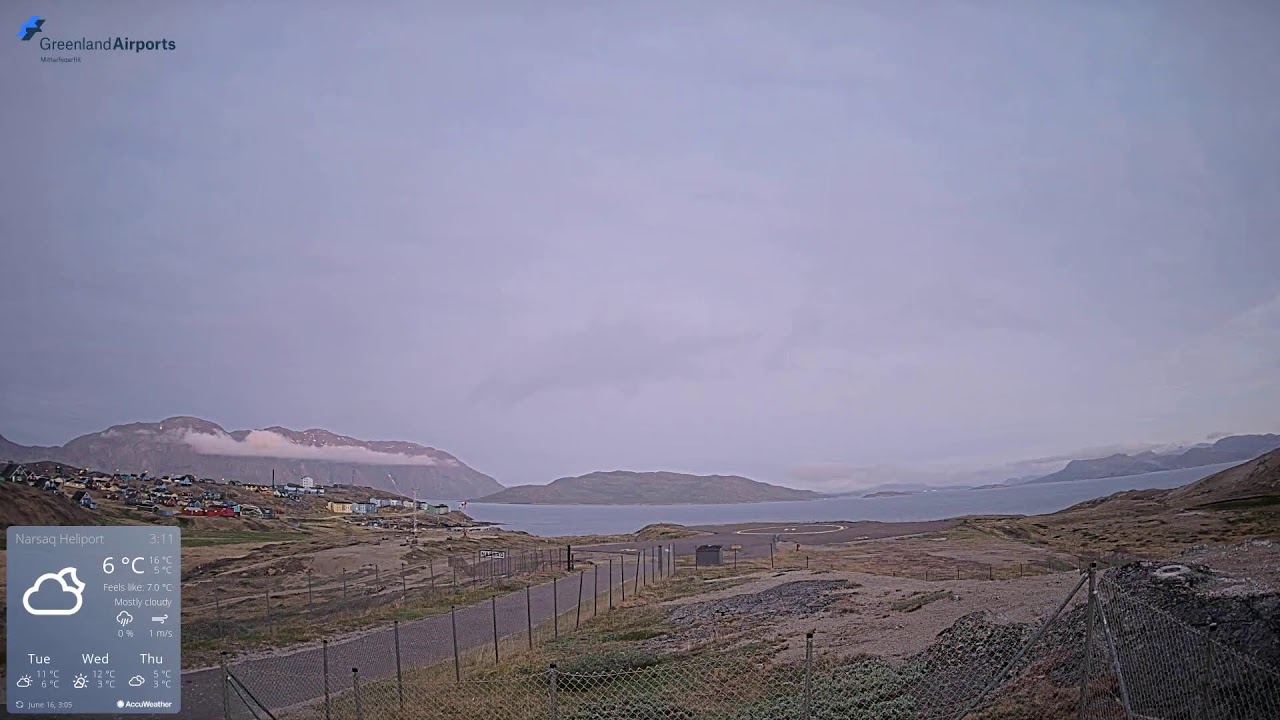 Live webcam view of Narsaq Heliport, Town & Fjord