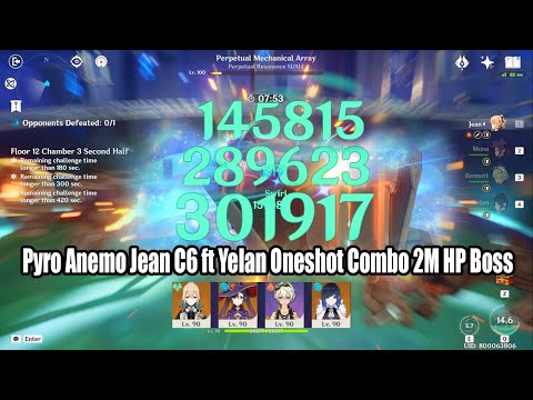 Pyro Jean C6 ft Yelan Oneshot Combo 2M HP Boss - 2.7 Floor 12 Showcase | She's not a Healer